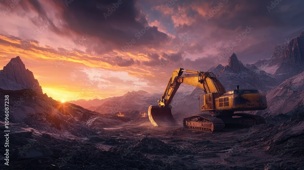 Poster excavator in a rugged mountain mining environment, operating at sunrise with dramatic clouds and vib