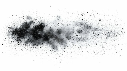 Fototapeta premium Abstract Black Dust Explosion Splashes Against White Background, Creating a Dynamic and Textural Design Element.