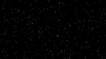 Night sky, luxury small white stars on black background, retro sparkles blinking. White glowing twinkling sparkles, looping background animation.