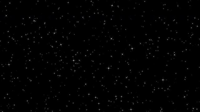 Night sky, luxury small white stars on black background, retro sparkles blinking. White glowing twinkling sparkles, looping background animation.