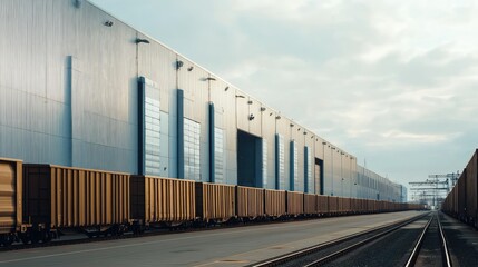 Fototapeta premium Exterior view of a large industrial warehouse building with a row of freight cars, highlighting the scale and functionality of industrial infrastructure
