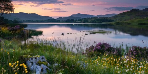 A tranquil landscape park at dusk, with the lake glowing in the sunset light, surrounded by wildflowers and rolling hills leading to distant mountains. 