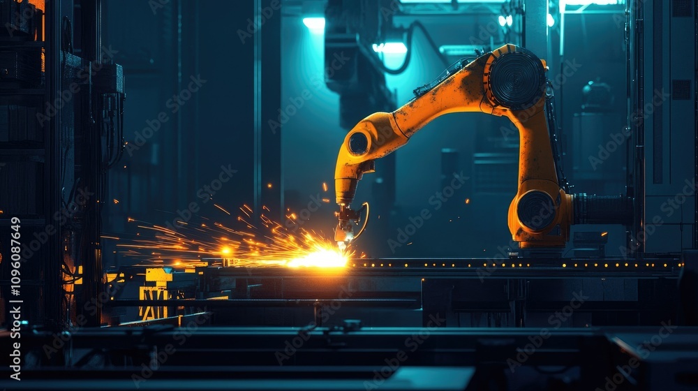 Poster generative ai illustration of a robotic arm welding in an industrial space, with glowing sparks and 