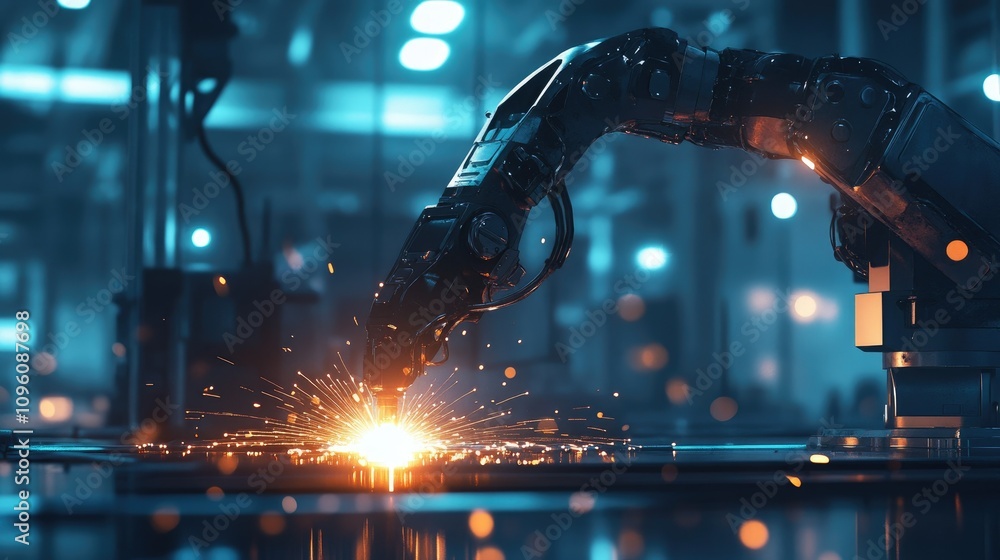 Poster Generative AI illustration of a robotic arm welding with glowing light in a dark, empty industrial room, representing cutting-edge automation in factory production