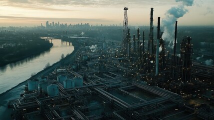 Obraz premium High-altitude view of an oil refinery complex with fuel tanks, pipelines, and industrial equipment, set against an urban cityscape along a river