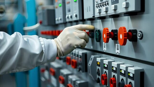 Close-up of an operator's hand adjusting a control panel in an industrial setting, showcasing precision and technology.