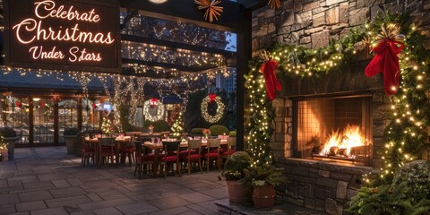 Obraz premium An outdoor dining area with Christmas lights, wreaths, and a glowing fireplace, with a greeting that says, 