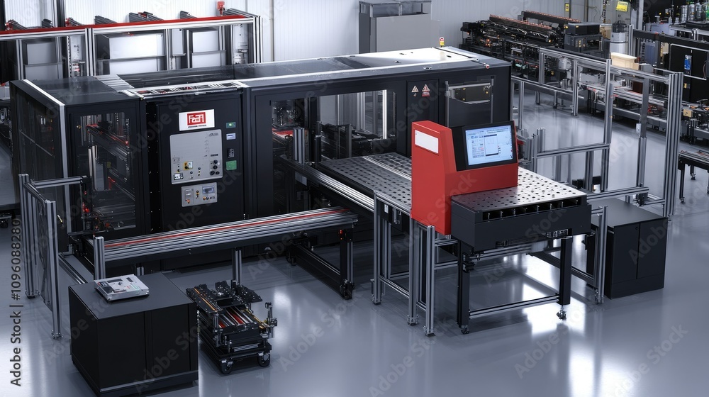Poster High-tech smart manufacturing line featuring 3D printed components, AI-driven quality control, and streamlined logistics solutions for advanced production processes
