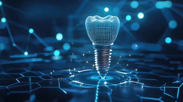High-tech digital dental implant design surrounded by glowing hexagonal grids, representing the future of dental technologies and innovations in prosthetics