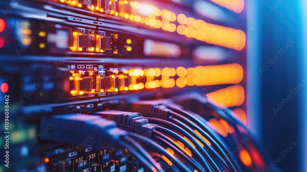 Poster Intense close-up of a network server rack with chaotic cables and wires intertwining, showing the complexity of modern data center infrastructure