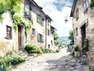 Charming European village, rolling green hills, ivy-covered stone cottages, winding cobblestone streets, serene watercolor ambiance