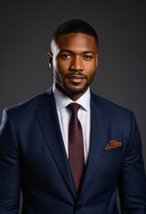 Professional headshot, confident African American man, navy blue suit, burgundy tie, pocket square, well-groomed facial hair, dark background, studio lighting, corporate portrait, polished appearance,