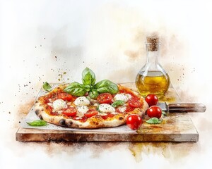 Artisanal Pizza Preparation, Rustic watercolor depicting vibrant ingredients like fresh tomatoes, basil, mozzarella, and olive oil on a wooden surface