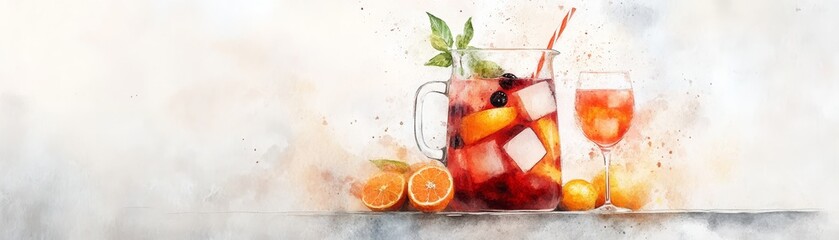 Sangria Delight, vibrant pitcher of fruit-infused red wine, inviting watercolor glasses, set on a charming rustic table, perfect for gatherings