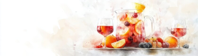 Sangria Delight with Fruit Medley, Vibrant Red Wine Infusion, Rustic Table Setting, Watercolor Glasses Awaiting Refreshment
