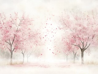 Fototapeta premium Blossoming Orchard Serenity, tranquil fruit trees in bloom, gentle petals drifting, soft hues blending harmoniously in a watercolor scene