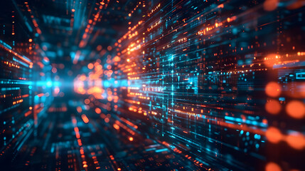 Abstract 3D Digital Data Stream Background:  Vibrant Blue and Orange Codes Flowing Dynamically in Cyberspace, Creating a Futuristic and Energetic Visual.