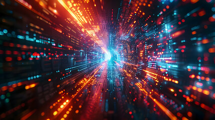 Naklejka premium Abstract 3D Digital Tunnel of Vibrant Red and Blue Light Streaks, Moving Rapidly Through Cyberspace