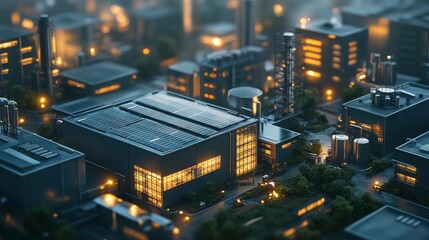 Aerial view of a modern industrial complex with solar panels and illuminated buildings.