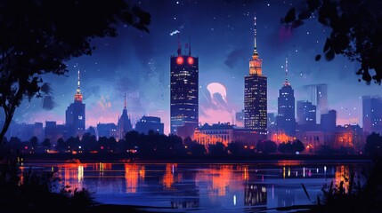 Night Cityscape Reflecting in Calm Waters Under a Starry Sky