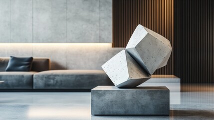 Striking abstract geometric sculpture of concrete and metal, elegantly displayed in a modern interior, symbolizing sophisticated contemporary art and design