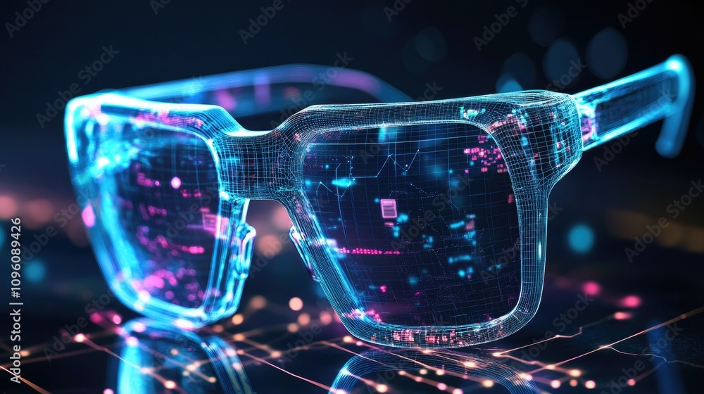 Poster Transparent smart glass device displaying virtual data, with intricate wireframe polygons and glowing digital elements, representing cutting-edge tech and the future of computing