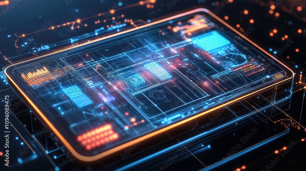Aufkleber Transparent smart glass device displaying virtual data, with intricate wireframe polygons and glowing digital elements, representing cutting-edge tech and the future of computing