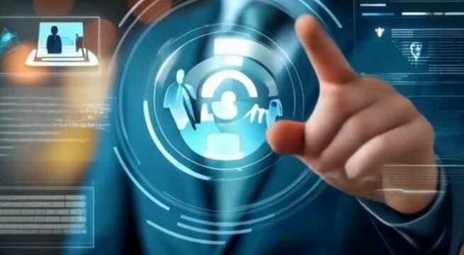 Digital Marketing strategy and customer marketing concept. A businessman interacts with interface marketing & customer target icons