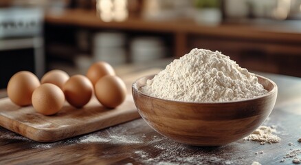 Fototapeta premium Flour pile with eggs on wooden table in a cozy kitchen setting during daylight hours