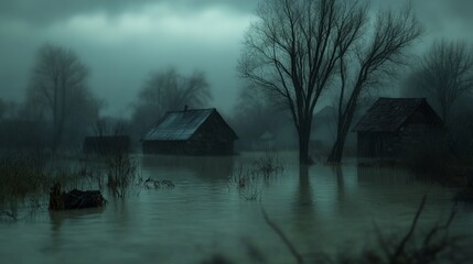 A moody, atmospheric scene of a flooded forest with a lone house standing in the water.