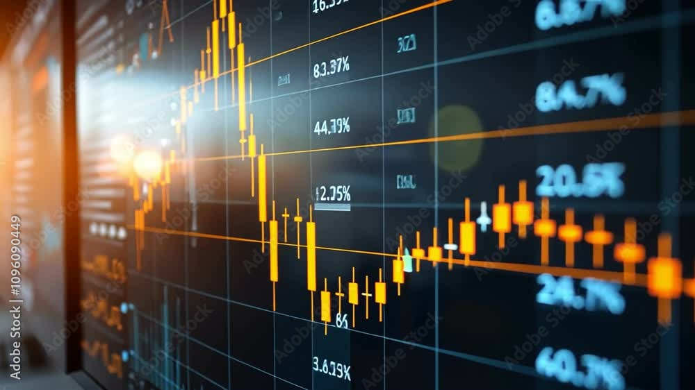 Poster close-up view of a stock market chart displaying dynamic trading movements and trends with bright co