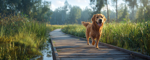 golden retriever dog walking on wooden boardwalk surrounded by lush greenery and sunlight. scene evokes sense of joy and tranquility