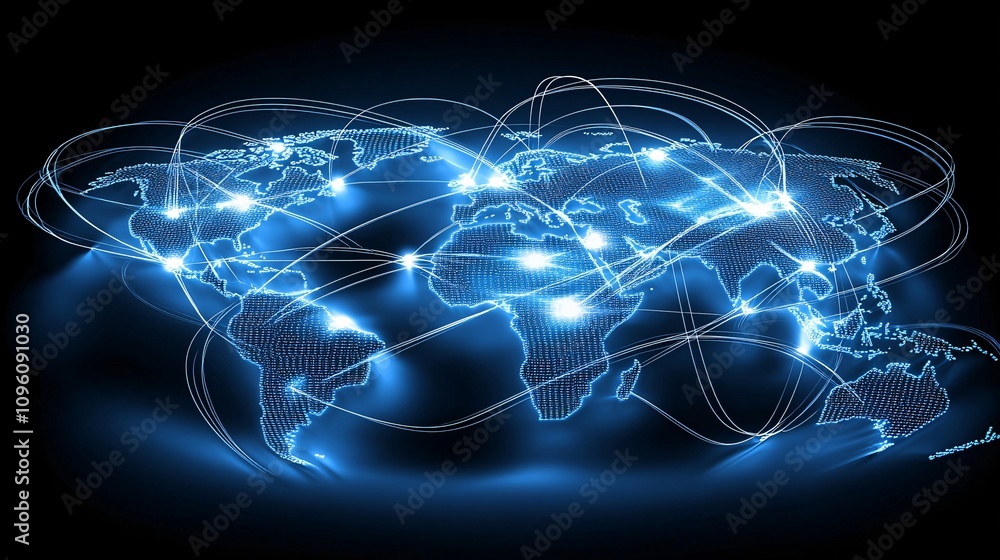 Poster an abstract depiction of interconnected global markets with moving lines and data points