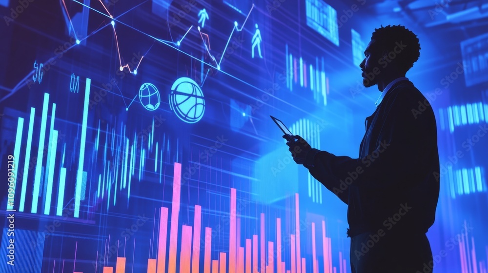 Poster data visualization in sports analytics urban environment digital art high-tech setting analytical pe