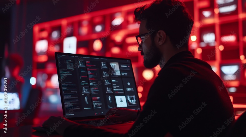 Poster data analysis and monitoring in a high-tech cybersecurity environment office workspace digital conte