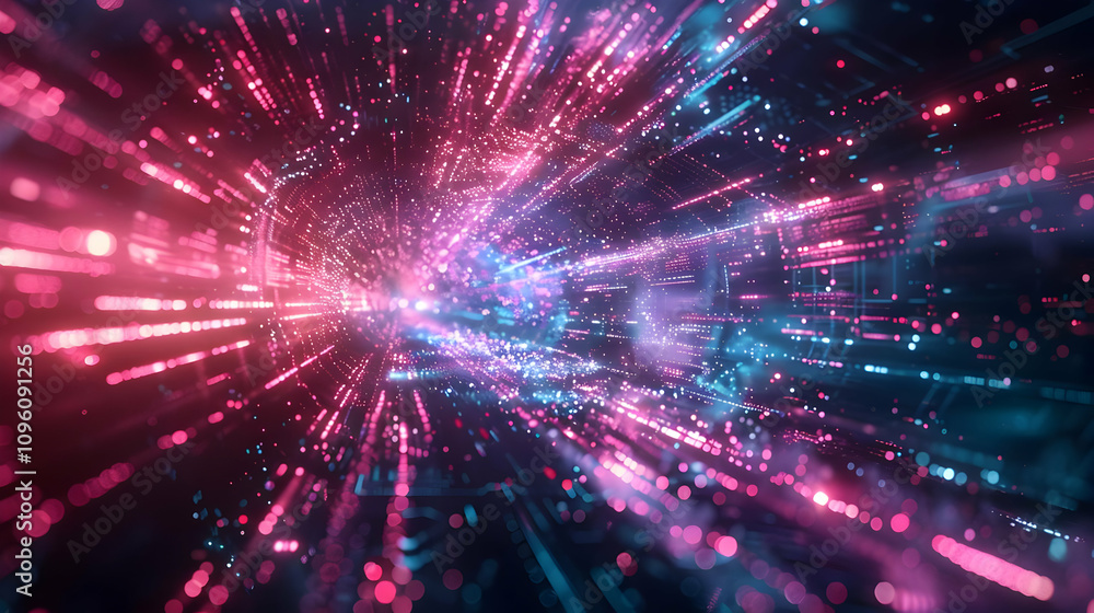 Aufkleber abstract 3d digital tunnel background with pink and blue glowing particles, creating a futuristic an