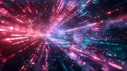 Fototapeta premium Abstract 3D Digital Tunnel Background with Pink and Blue Glowing Particles, Creating a Futuristic and Dynamic Visual Effect