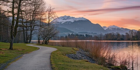 Fototapeta premium Golden hour in a springtime park with a winding path by a lake, soft pink and orange skies, and a majestic mountain in the background.