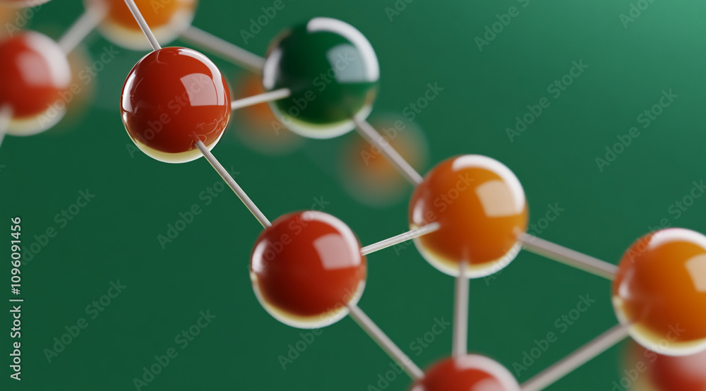 Poster colorful molecular structure resembling a chain with spheres connected by bonds against a green back