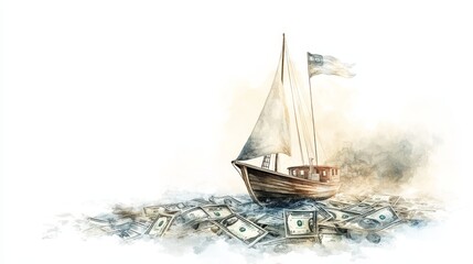 Obraz premium Financial Voyage, A vibrant watercolor depicting a boat on a sea of dollar bills, featuring an investment fund flag, symbolizing financial navigation
