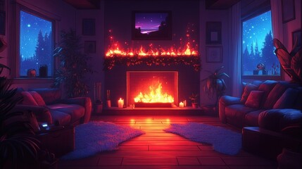 Obraz premium Cozy Living Room with Warm Fireplace and Starry Night Sky, Inviting Atmosphere Enhanced by Soft Lighting, Lush Greenery, and Decorative Accents for Relaxation and Comfort