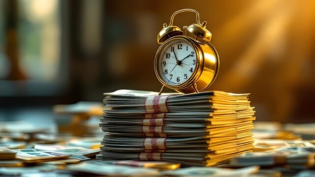 Vintage alarm clock, Dirham notes, fixed deposit.