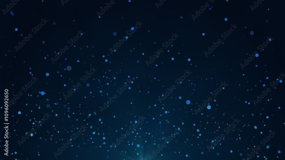Poster blue bokeh particles floating in the air on a dark background, horizontal composition. light rays at