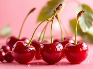 Vintage red cherries, a blush pink backdrop.