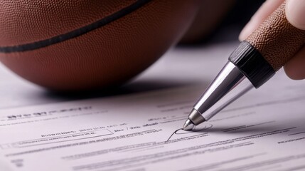 Basketball contract signing sports arena document signing professional environment close-up view sports management insights