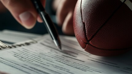 Signing a football contract sports event office space focused environment close-up perspective commitment and achievement