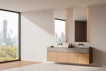 Modern bathroom interior with floating vanity, mirror, and city skyline view in minimalist design. 3D Rendering