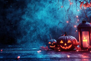 Naklejka premium Spooky Jack-o'-Lanterns Glowing in the Dark with Mystical Fog and Twinkling Lights for a Haunting Halloween Celebration