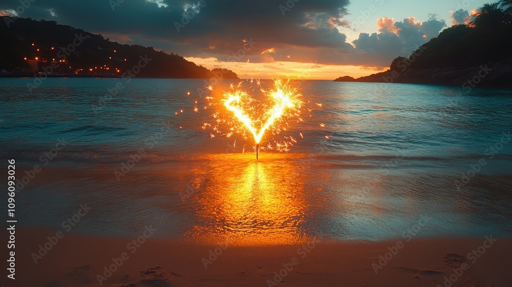 Poster heart-shaped sparkler creating beautiful light reflection on calm ocean surface during sunset with c