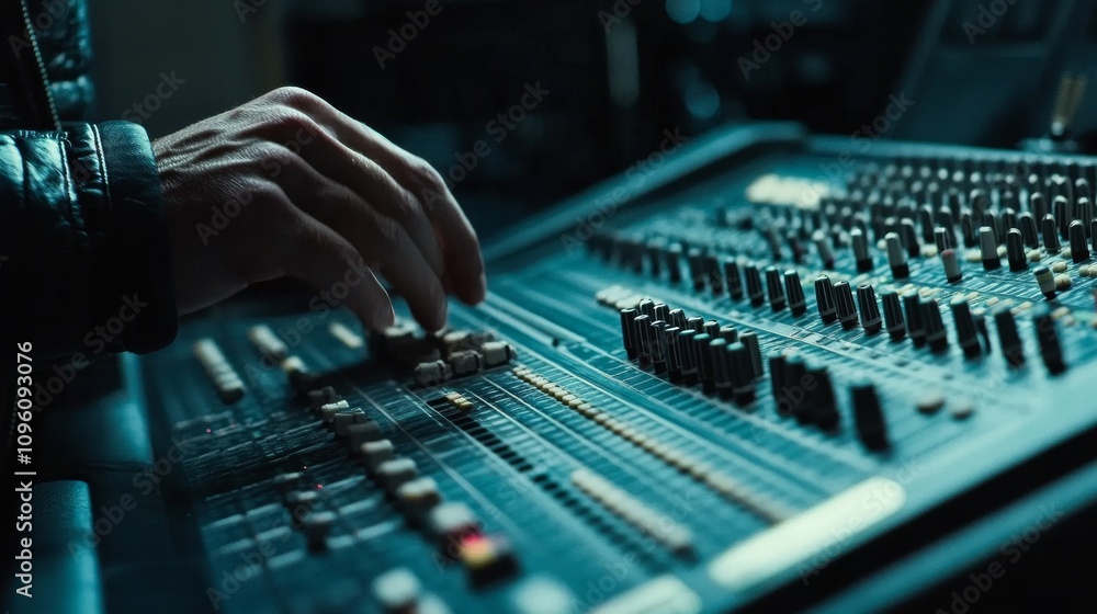 Poster sound engineering action recording studio music production process creative space close-up view audi